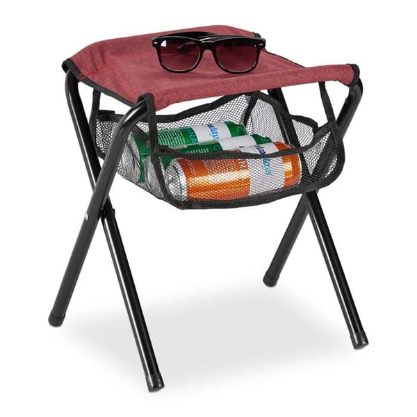 Relaxdays Fällbar campingpall, med ficka, upp till 120 kg, hopfällbar, lätt, strandstol, HxLxD: 39x29x35 cm, röd