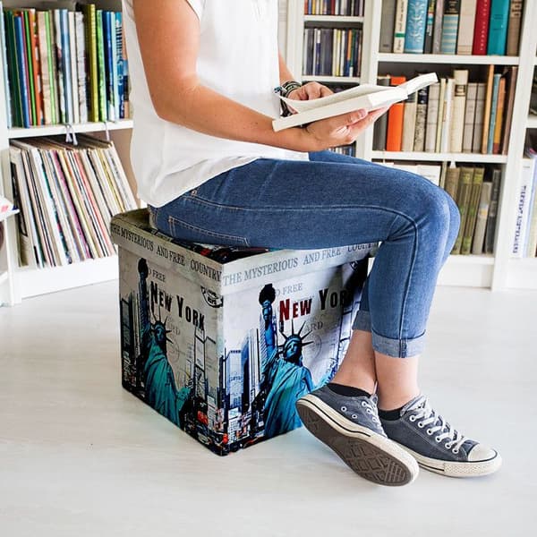 Relaxdays praktisk hopfällbar pall för förvaring, stabil, med lock, New York, 38 cm höjd