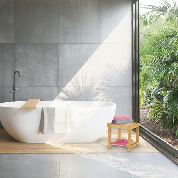 Relaxdays badrumspall i solid bambu, fotstöd, upp till 100 kg, H x B x D 33,5 x 25 x 39 cm, naturell