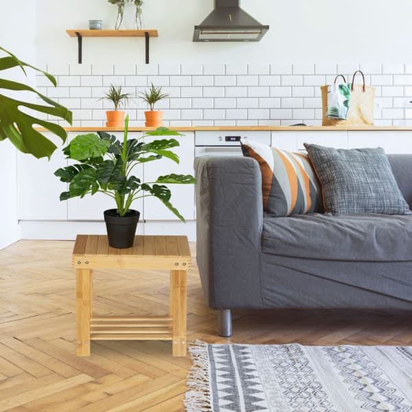 Relaxdays badrumspall i solid bambu, fotstöd, upp till 100 kg, H x B x D 33,5 x 25 x 39 cm, naturell