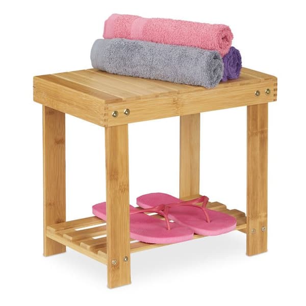 Relaxdays badrumspall i solid bambu, fotstöd, upp till 100 kg, H x B x D 33,5 x 25 x 39 cm, naturell