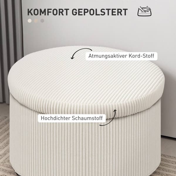 Rootz Foot Affure With Storage - Seat Affool - Pouf - 97L Hidden Storage - Ø60 X 41H CM - Cord Fabric - Skum - Beige