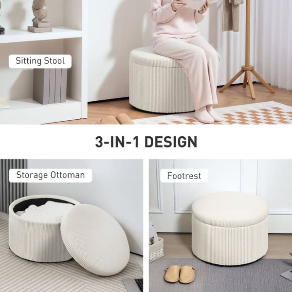 Rootz Foot Affure With Storage - Seat Affool - Pouf - 97L Hidden Storage - Ø60 X 41H CM - Cord Fabric - Skum - Beige