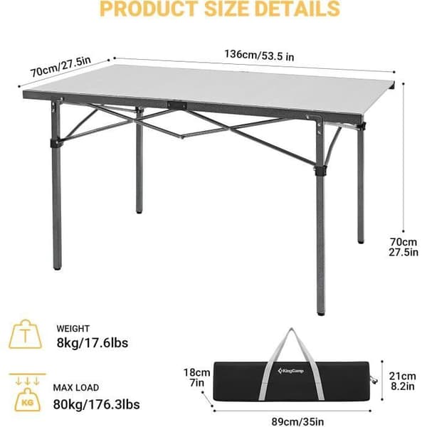 Campingbord - KingCamp - Fällbar Aluminium 136x70cm - 4 Platser - Lätt - Portabel