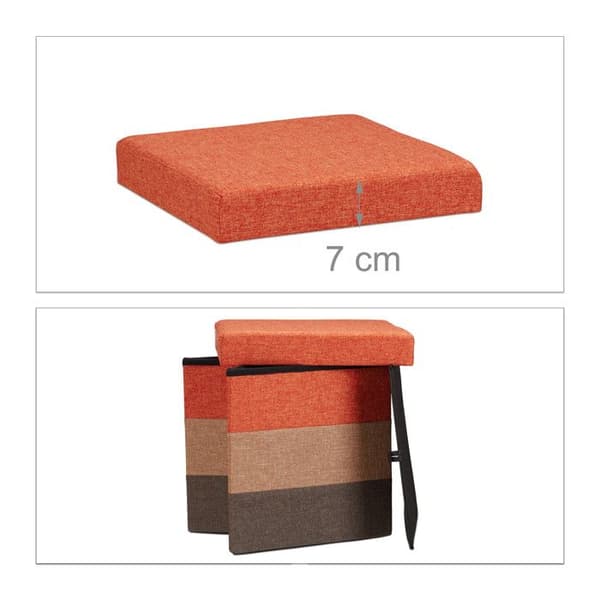 Relaxdays Fällbar kubformad taburett med förvaringslåda, randig trikolor HxlxP: 38 x 38 x 38cm, orange brun