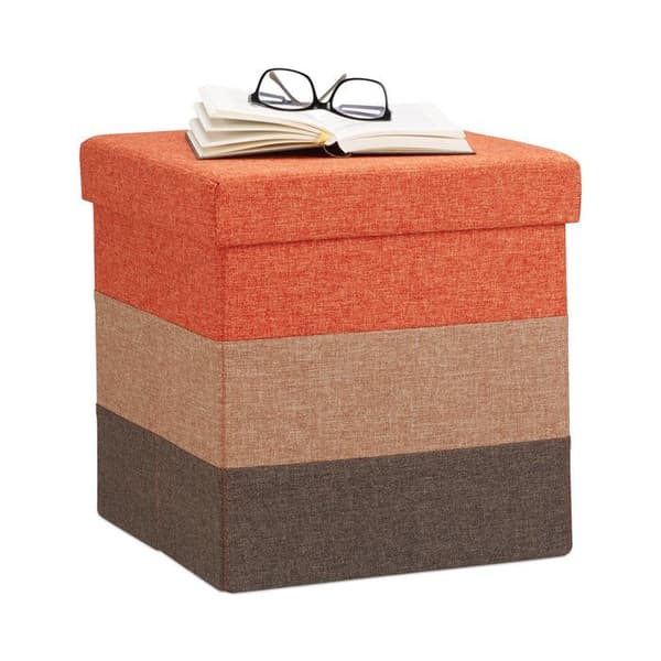 Relaxdays Fällbar kubformad taburett med förvaringslåda, randig trikolor HxlxP: 38 x 38 x 38cm, orange brun