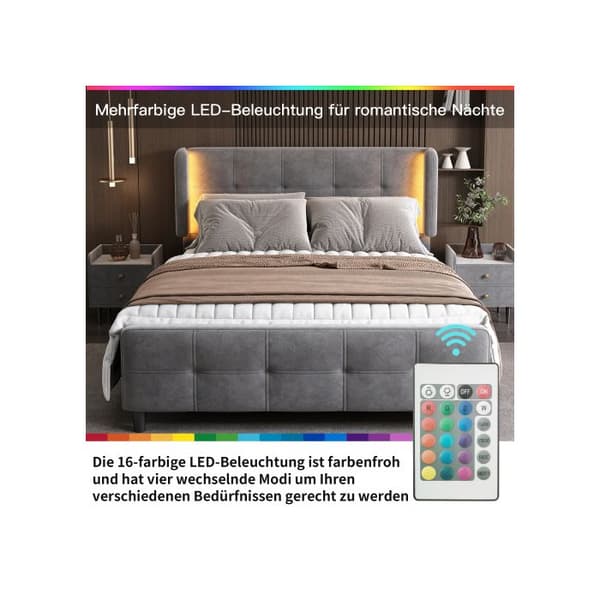 Sovrumsset, stoppad säng + 1x nattduksbord + sängpall, sammet, grå (140x200 cm)