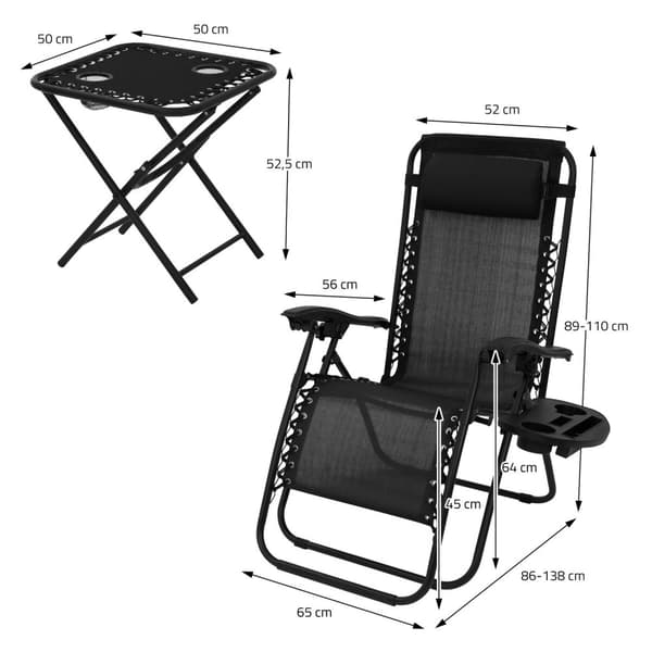 Solstolsset 3-delat svart hopfällbart med bord ML-Design