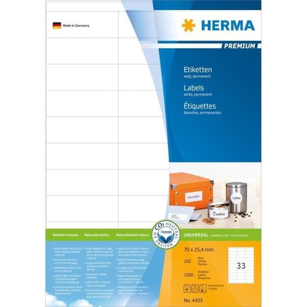 Permanenta etiketter - HERMA - PREMIUM - 70x25,4 mm - 100 ark - Permanent vidhäftning
