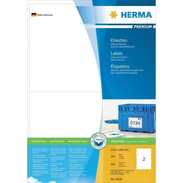 Premium vita etiketter - HERMA - 4628400 - A4 självhäftande - 210x148 mm - 400 stycken
