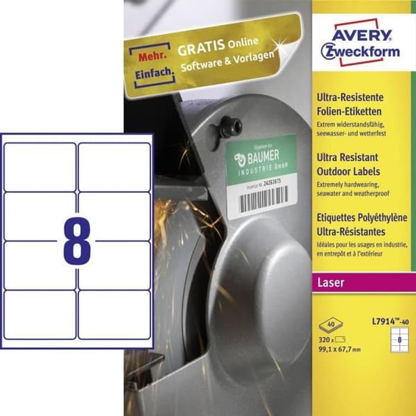 Avery-Zweckform L7914-40 Universaletiketter 99,1 x 67,7 mm Polyetenfilm Vit 320 st Permanent