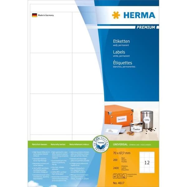 PREMIUM-etiketter - HERMA - 70 x 67,7 mm - 200 A4-ark - Självhäftande - Permanent vidhäftning