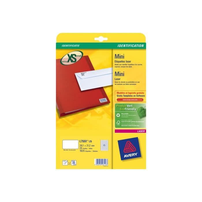 Avery 21,2 x 38,1 mm 1625 enheter (25 ark x 65) etiketter