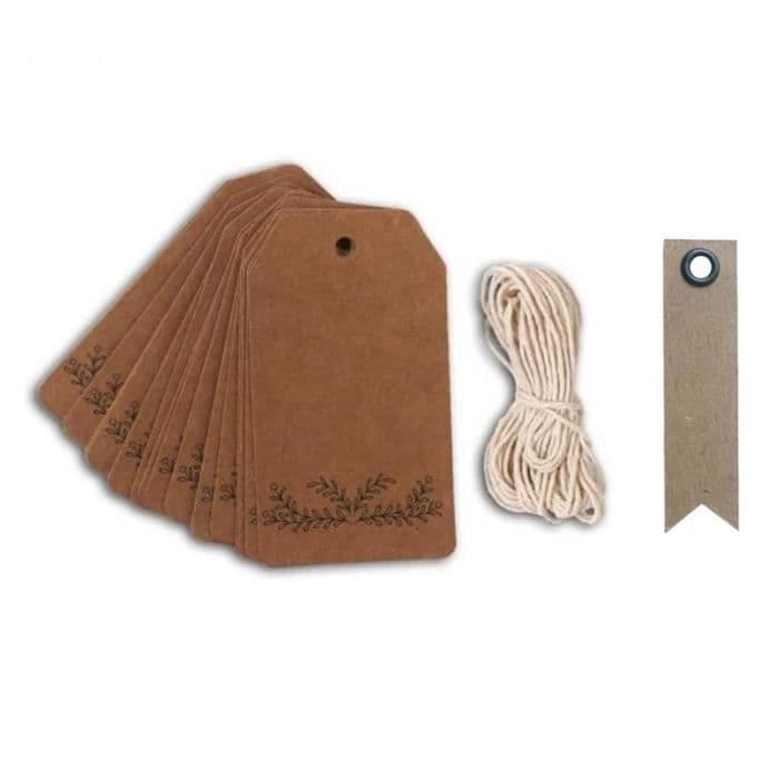 20 st kraftetiketter 8 cm Löv & snöre + 20 st kraftetiketter