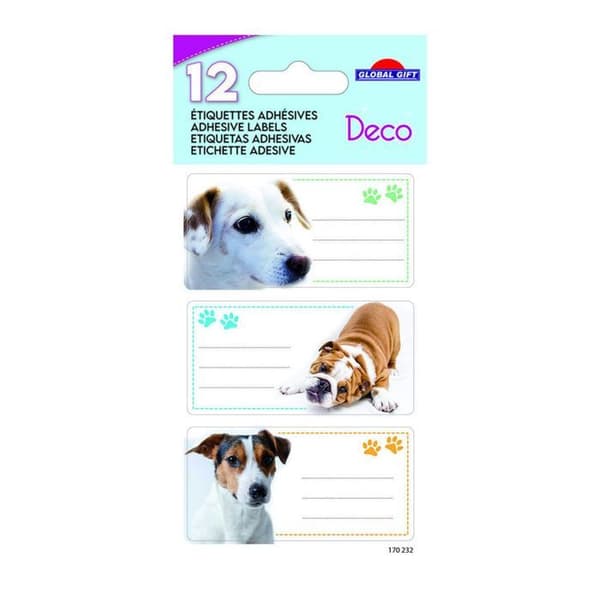12 självhäftande skoletiketter - Rektangel - Hundar