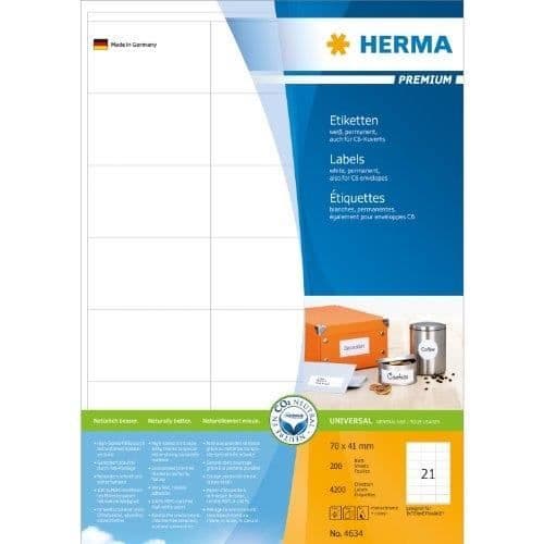 Självhäftande etikett - HERMA - 4634 - 70 x 41 mm - Färg Vit - 4200 etiketter per förpackning