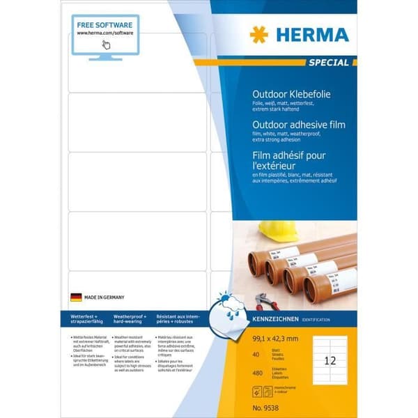 HERMA 9538, Vit, Rektangel, A4, Universal, Polyeten, Matt