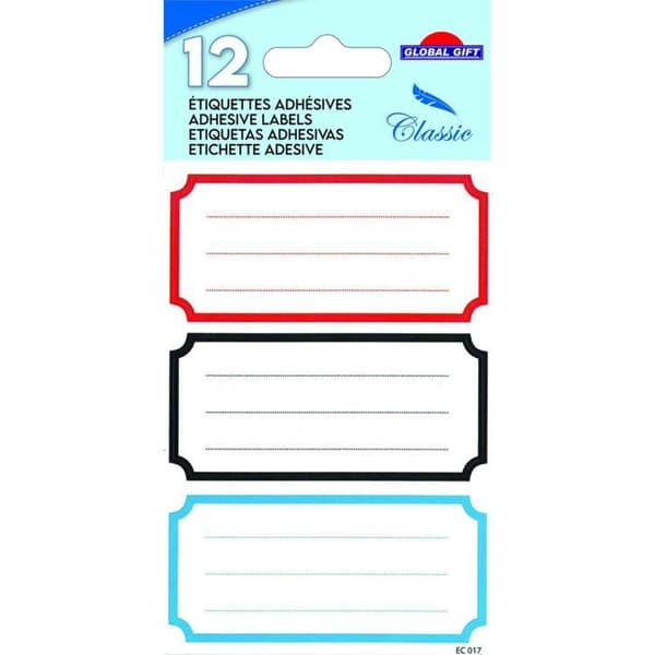 12 självhäftande skoletiketter - Vintage rektangel 3 färger
