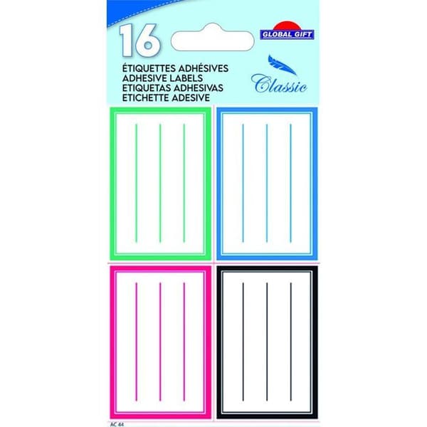 16 självhäftande skoletiketter - rektanglar 4 färger