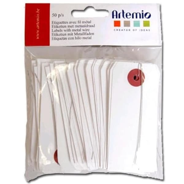 Vita etiketter - ARTEMIO - 9 x 4 cm - Set av 150 - Röd ögla - Tunn metalltråd
