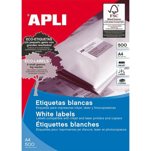 Selvklæbende etiketter Apli   Hvid Papir 500 Ark 70 x 35 mm