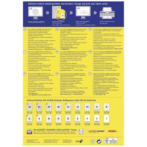 Avery-Zweckform 3669-200 70 x 50,8 mm vitt papper 3300 st permanent Universal laseretiketter 220 ark DIN A
