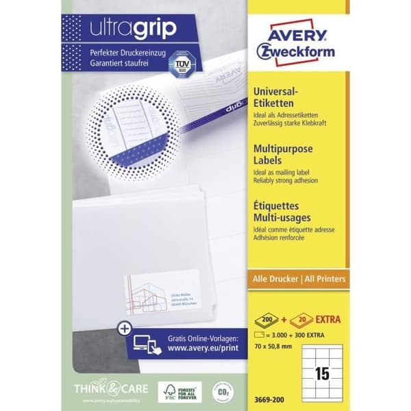 Avery-Zweckform 3669-200 70 x 50,8 mm vitt papper 3300 st permanent Universal laseretiketter 220 ark DIN A