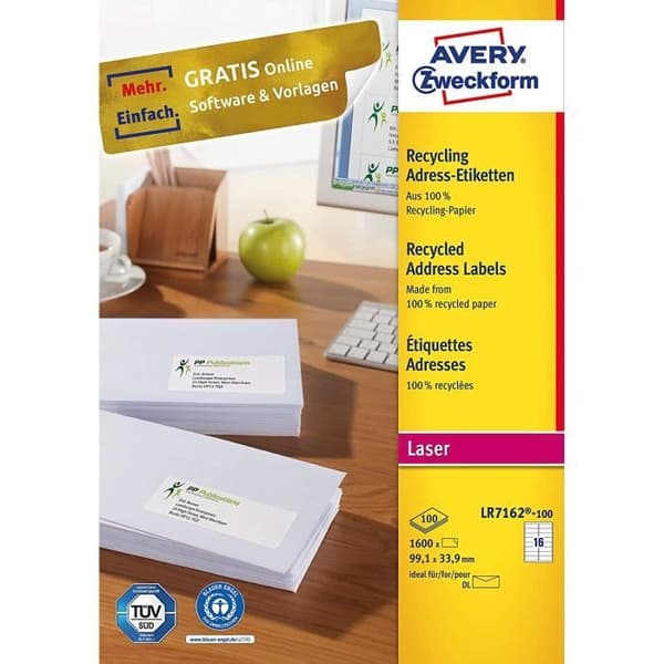 AVERY Zweckform Återvinningsbara etiketter (99,1 x 33,9 mm, 1 600 adressetiketter på 100 ark, självhäftande,