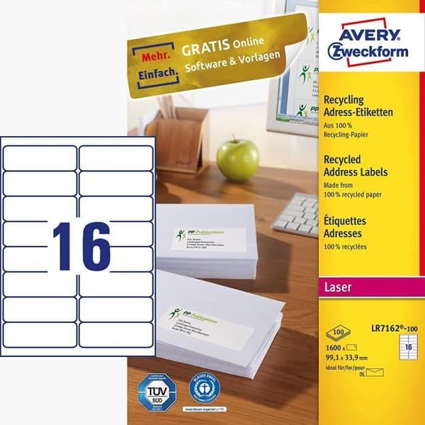 AVERY Zweckform Återvinningsbara etiketter (99,1 x 33,9 mm, 1 600 adressetiketter på 100 ark, självhäftande,