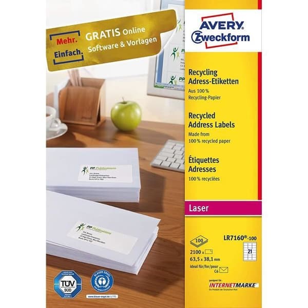 AVERY Zweckform självhäftande matta pappersetiketter, 100 ark, naturvit, 63,5 x 38,1 mm, 2100 etiketter