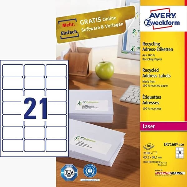 AVERY Zweckform självhäftande matta pappersetiketter, 100 ark, naturvit, 63,5 x 38,1 mm, 2100 etiketter