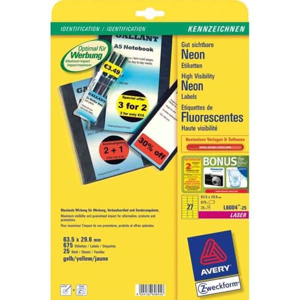 etiketter, 63,5 x 29,6 mm, fluorescerande gul,