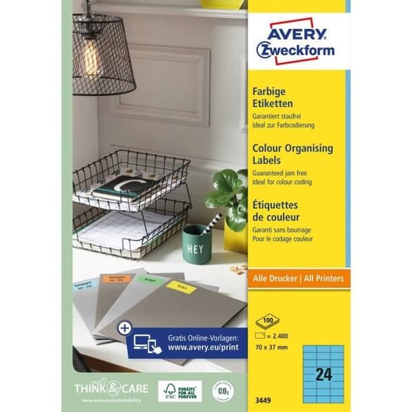 Universaletikett Avery-Zweckform Universaletikett 70 x 37 mm (B x H) 70 x 37 mm blått papper 2400 st permanent(ar)