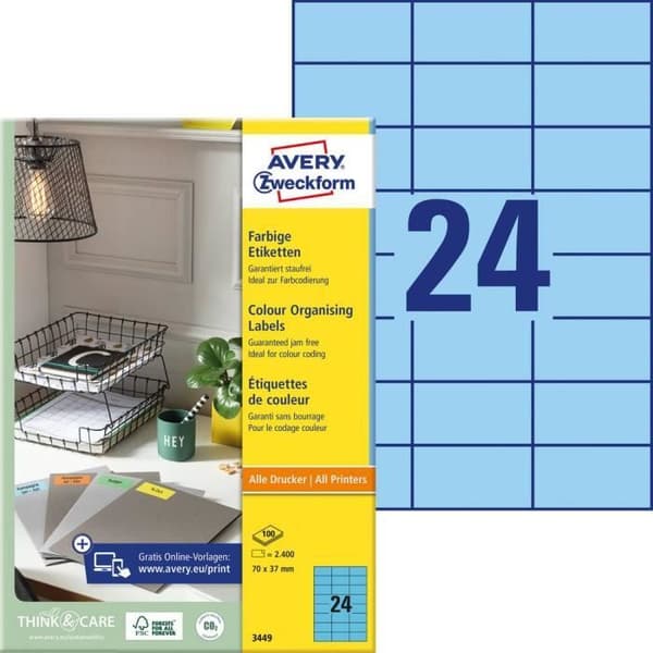 Universaletikett Avery-Zweckform Universaletikett 70 x 37 mm (B x H) 70 x 37 mm blått papper 2400 st permanent(ar)
