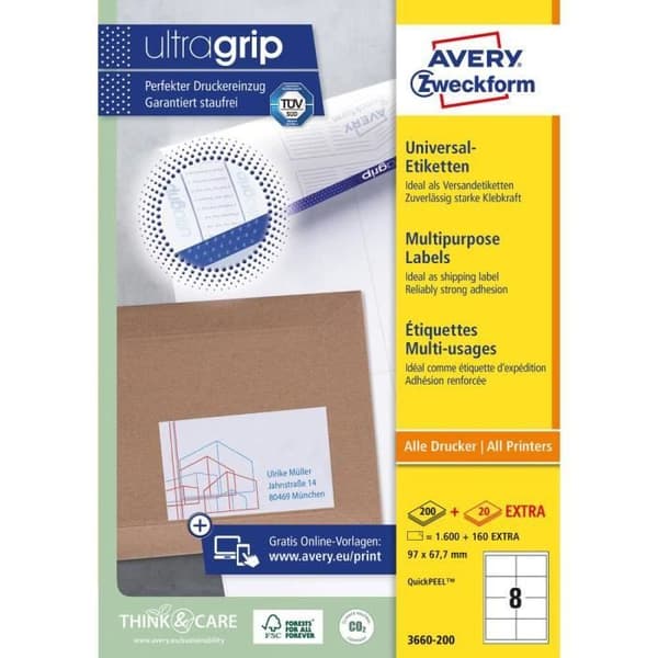 Avery-Zweckform 3660-200 Etikett 97 x 67,7 mm vitt papper 1760 st permanenta Universaletiketter 220 ark D