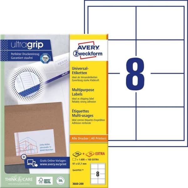 Avery-Zweckform 3660-200 Etikett 97 x 67,7 mm vitt papper 1760 st permanenta Universaletiketter 220 ark D