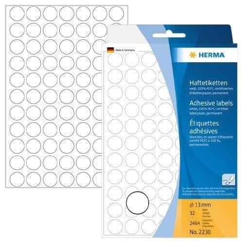 Universaletiketter - HERMA - 2230 - Diameter 13 mm - 2464 stycken - Färg Vit