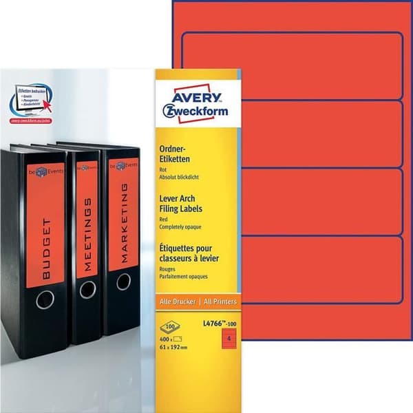 AVERY Zweckform L4758-10 etiketter 400 Stück, 192 x 61 mm röd - L4766-100
