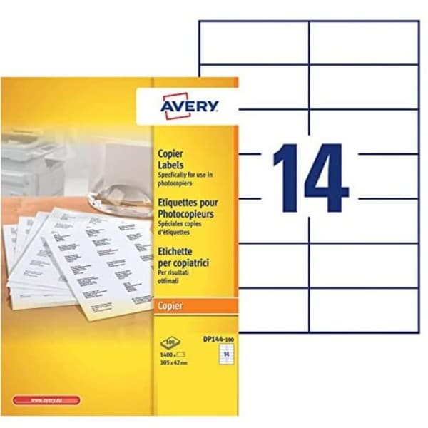 Avery - DP144-100 - Kartong med 1400 självhäftande etiketter för flera ändamål, format 105 x 42 mm, kopiatorutskrift, ()