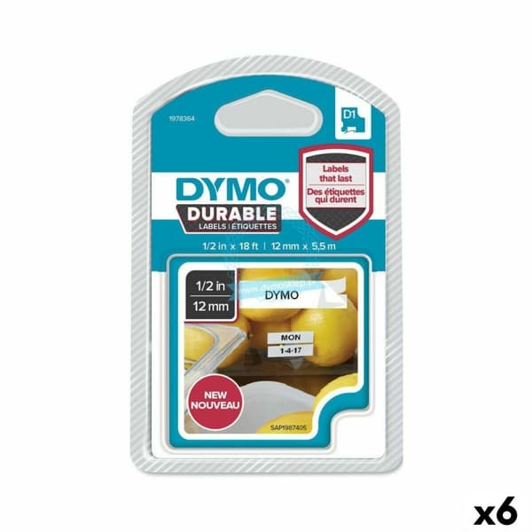 Lämmönsiirtonauha Dymo Valkoinen Musta 12 x 5,5 mm (6 osaa)