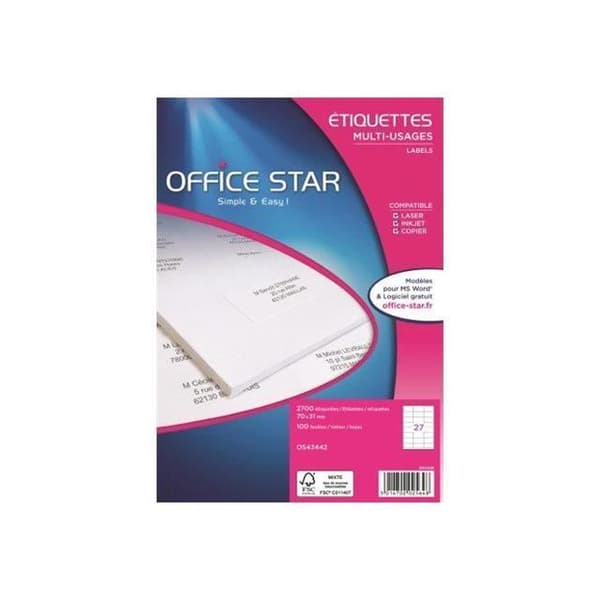 Office Star White 70 x 31 mm 2700 etikett(er) (100 ark(ar) x 27) etiketter