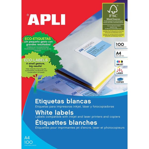 Självhäftande etiketter Apli 1264 100 Blad 210 x 148 mm Vit