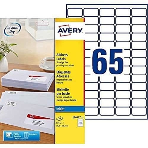 Etikettpåse - AVERY - 975 miniadressetiketter - 38,1 x 21,2 cm - Vit - Omedelbar torkning