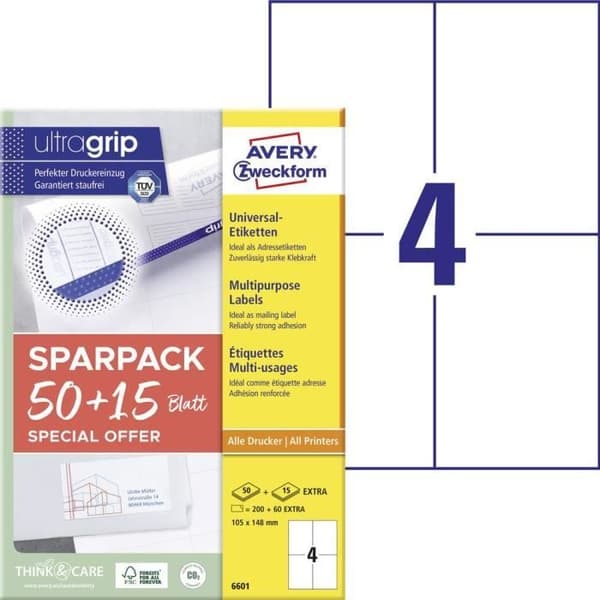 Avery-Zweckform 6601 105 x 148 mm vitt papper 260 st permanent Universal laseretikett 65 ark DIN A4