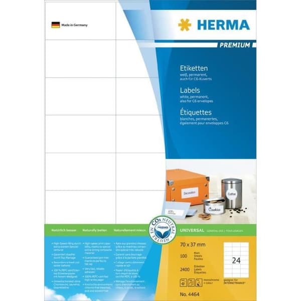Permanenta etiketter A4 - HERMA - 443757 - 70x37 mm - 100 ark - 2400 etiketter