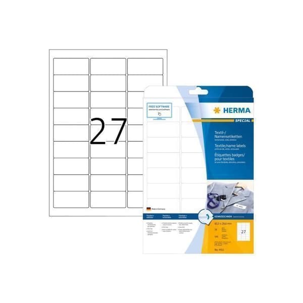 HERMA Specialnamnetiketter Acetatsilke självhäftande avtagbar vit 63,5 x 29,6 mm 540 etikett(er) (20 ark(ar) x 27)...