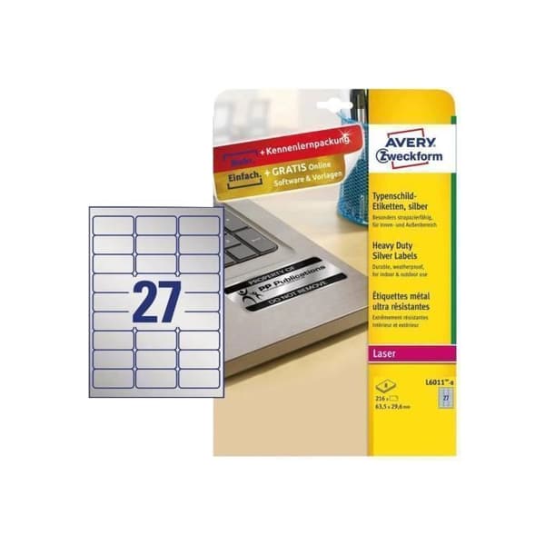 Avery Zweckform Heavy Duty L6011 Matt Polyester Permanent Adhesive Silver 63,5 x 29,6 mm 78 g-m² 216 etikett(er) (8 ark(ar) x...