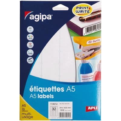 A5 självhäftande etiketter - AGIPA - Fodral 512 - 24x33,5 mm - Permanent självhäftande - Multipurpose