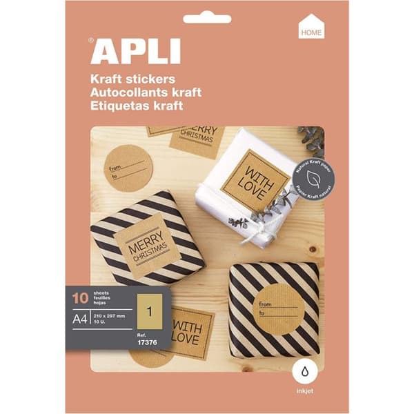 Etiketter - A4 - Kraftpapper - Självhäftande - Ficka med 10 ark - Apli