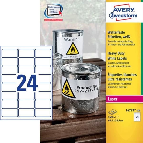 Universaletiketter, Heavy-duty-etiketter Avery-Zweckform L4773-100 63,5 x 33,9 mm Polyesterfilm Vit 2400 st.